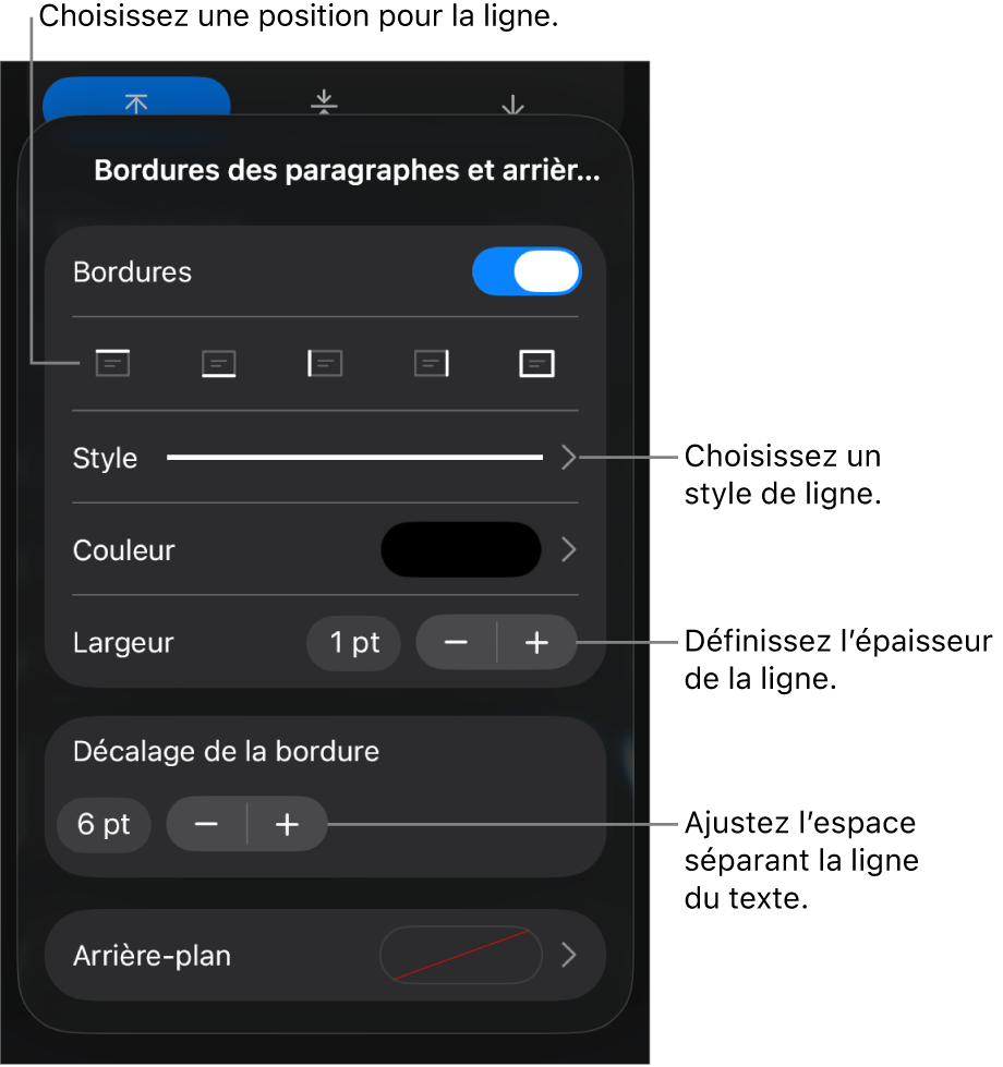 Commandes permettant de modifier le style, l’épaisseur, la position et la couleur de la ligne.