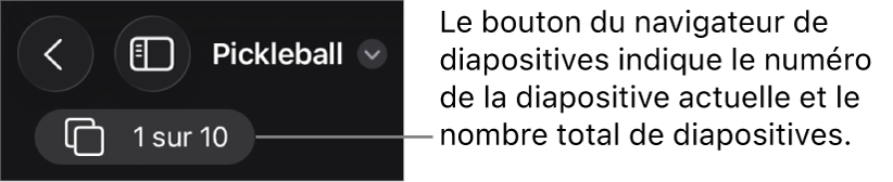 Le bouton du navigateur de diapositives présentant le numéro de la diapositive active et le nombre total de diapositives dans la présentation.
