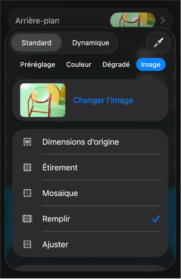 Les commandes Arrière-plan avec une image définie comme arrière-plan de la diapositive et la commande Superposition de couleurs en bas.