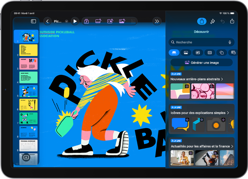 Le bouton Découvrir du centre de contenu affichant des options permettant de générer une image ou d’ajouter des images premium à une diapositive.