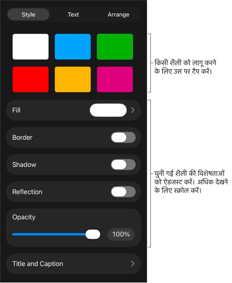 शीर्ष पर ऑब्जेक्ट शैलियों के साथ फ़ॉर्मैट करें मेनू की शैली टैब और उसके नीचे बॉर्डर, छाया, प्रतिबिंब और अपारदर्शिता को बदलने के लिए नियंत्रण।