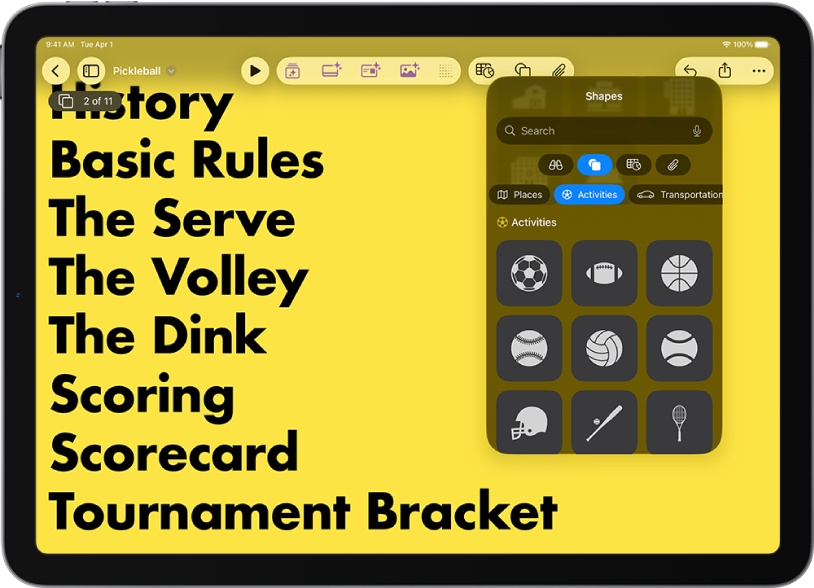 टेबल, चार्ट, आकार और मीडिया जोड़ने के लिए शीर्ष पर बटन के साथ "डालें" मेनू।