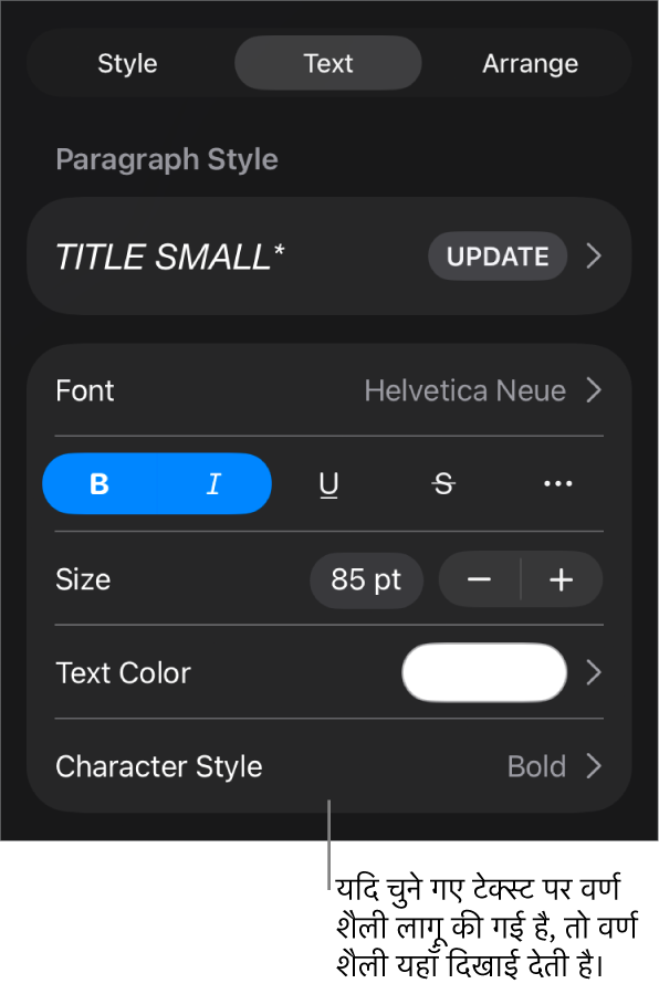 रंग नियंत्रणों के नीचे वर्ण शैली के साथ टेक्स्ट फ़ॉर्मैटिंग नियंत्रण। वर्ण शैली में तारांकन चिह्न के साथ “कुछ नहीं” दिखता है।