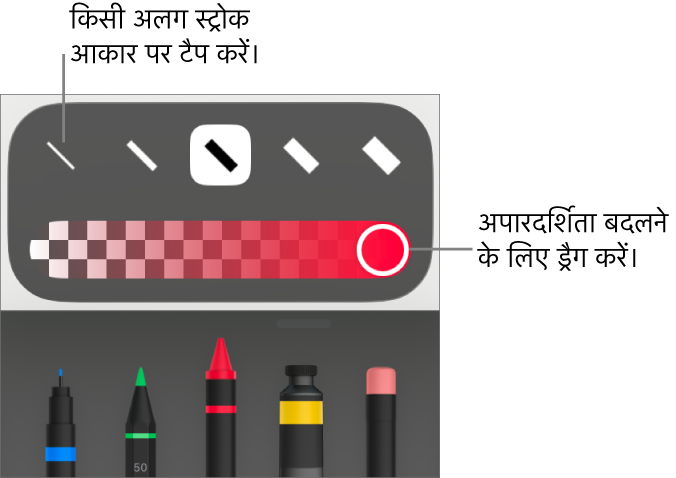 स्ट्रोक आकार चुनने और अपारदर्शिता ऐडजस्ट करने के लिए स्लाइडर चुनने के लिए नियंत्रण।