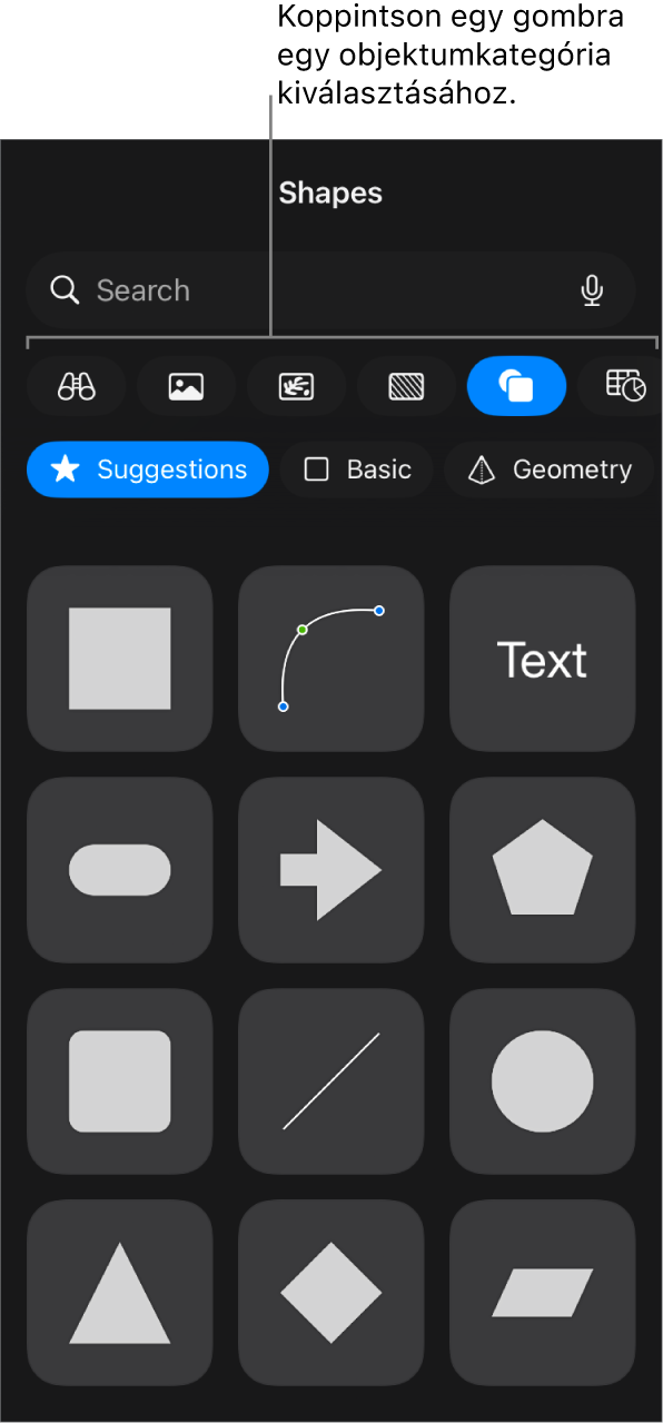 Az objektumok hozzáadására szolgáló vezérlők, felül a táblázatok, diagramok, alakzatok (vonalak és szövegmezők), valamint médiatartalmak kiválasztásához szükséges gombokkal.