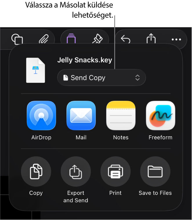 A Megosztás menü a felül elhelyezkedő Másolat küldése lehetőséggel.