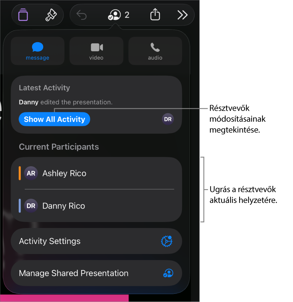Az együttműködési menü a jelenlegi résztvevőkkel.
