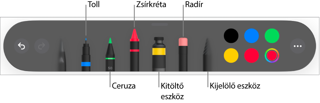 A rajz eszközsor tollal, ceruzával, zsírkrétával, kitöltőeszközzel, radírral, kijelölés eszközzel és az aktuális színt megjelenítő színrekesszel.