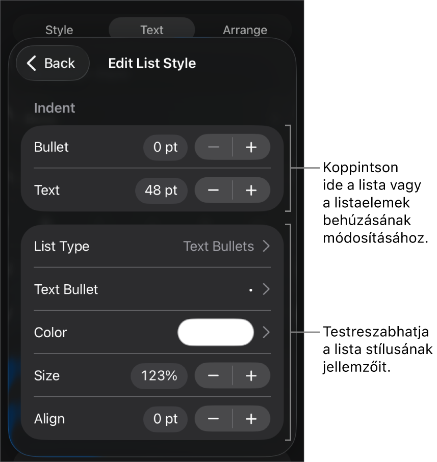 A Listastílus szerkesztése menü a lista típusának és a megjelenésének szerkesztésére szolgáló vezérlőkkel.