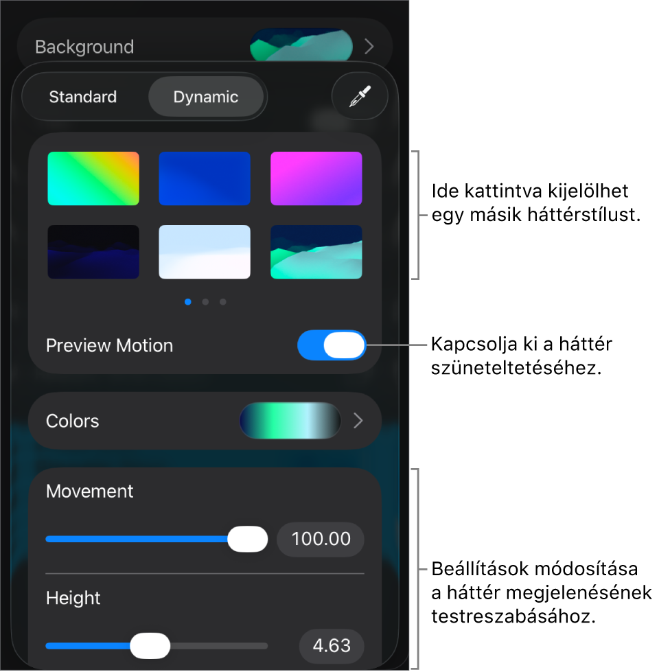 A képernyőn a dinamikus háttér vezérlői láthatók a háttérstílus bélyegképekkel, a Mozgás előnézete gombbal és a testreszabáshoz használt vezérlőkkel.