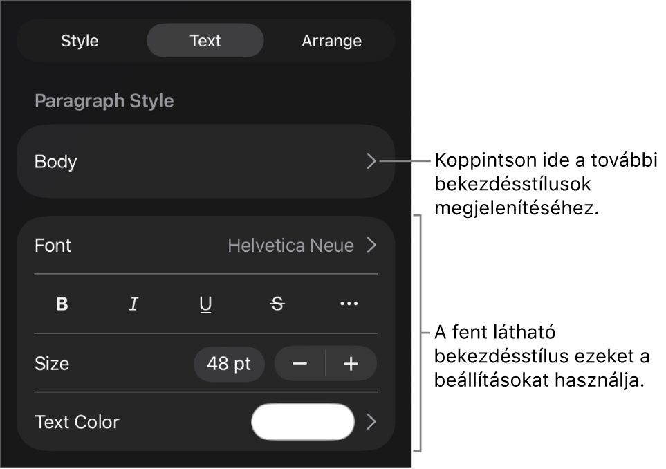 A Formátum menü a bekezdés és a karakterek stílusának, betűtípusának, méretének és színének beállítására szolgáló vezérlőkkel.