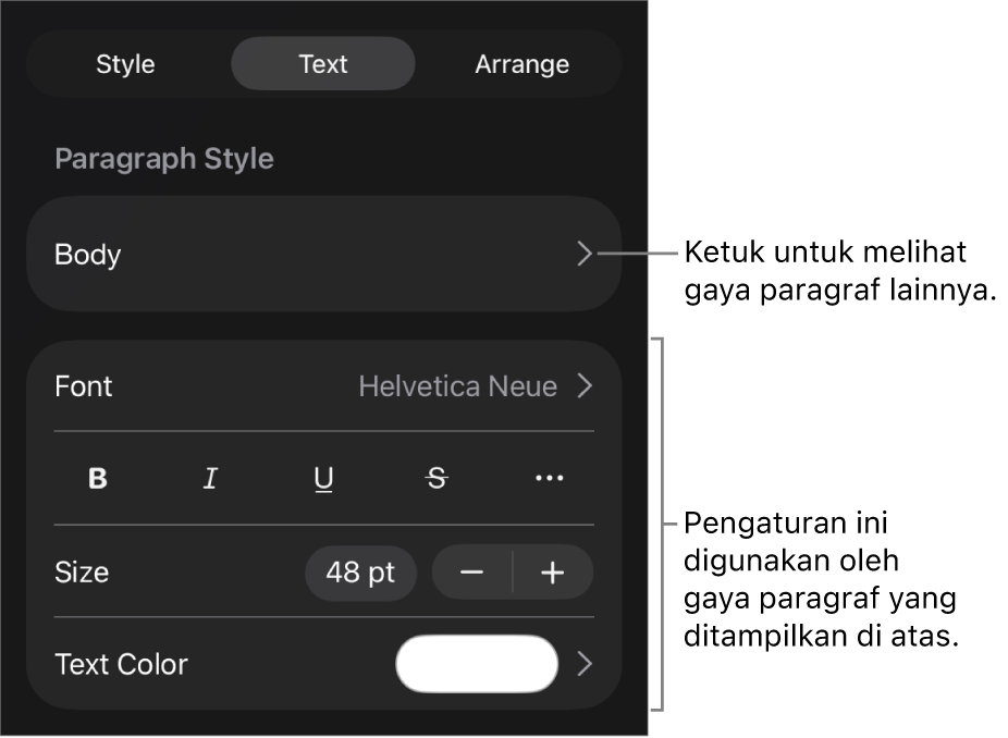 Menu Format menampilkan kontrol teks untuk mengatur paragraf dan gaya karakter, font, ukuran, dan warna.