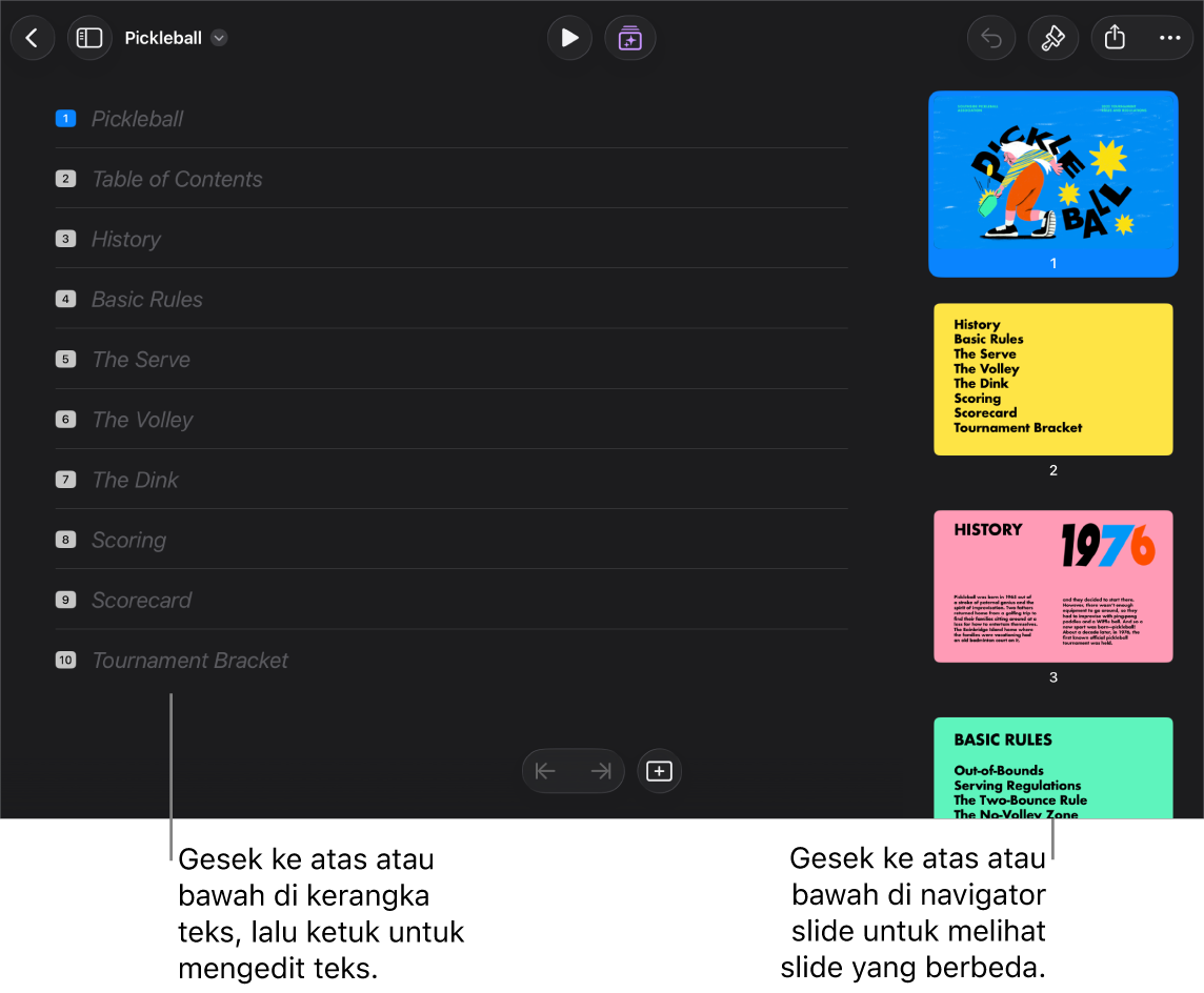 Tampilan kerangka dengan kerangka teks presentasi di sisi kiri layar, dan navigator slide vertikal di sisi kanan.