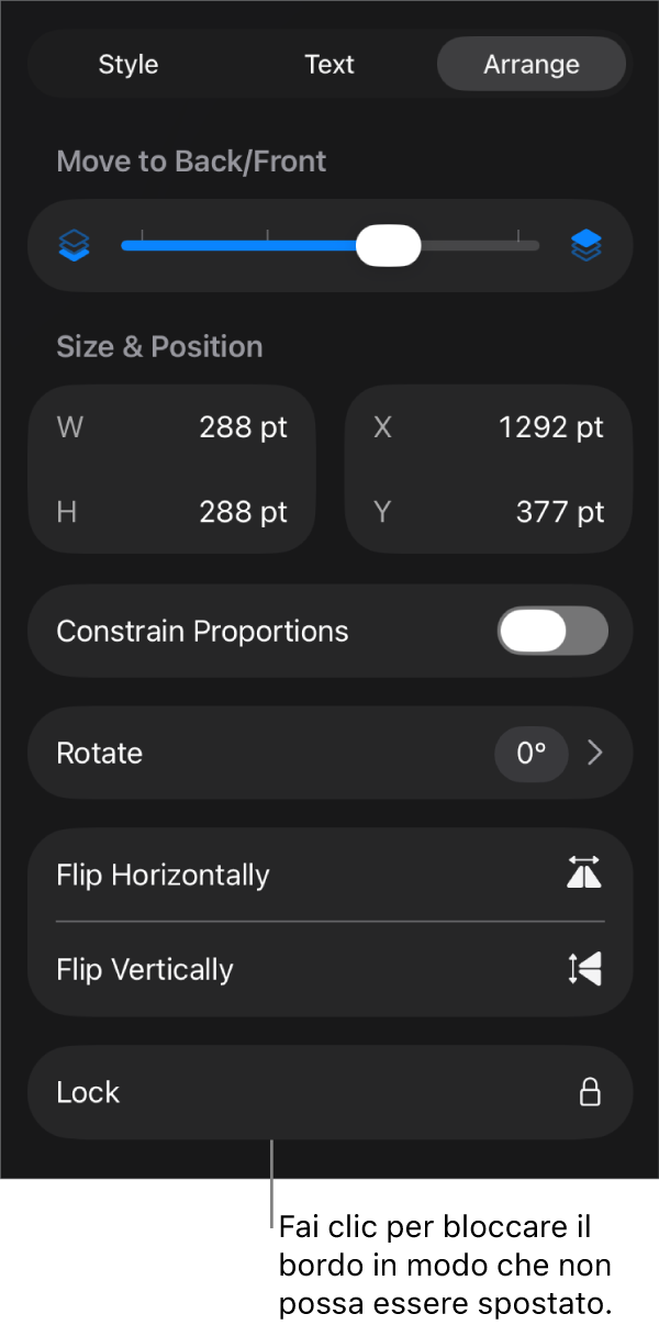 I controlli Disposizione nel menu Formato con il pulsante Blocca visibile.
