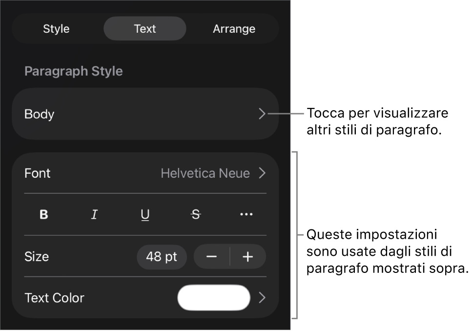 Menu Formato con controlli di testo per impostare stili carattere e paragrafo, font, dimensione e colore.
