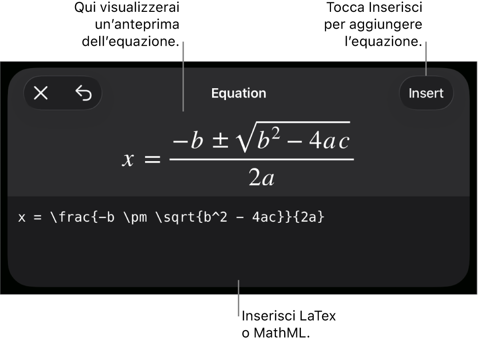 La finestra di dialogo Equazione che mostra l’equazione scritta tramite comandi MathML e un’anteprima della formula di cui sopra.