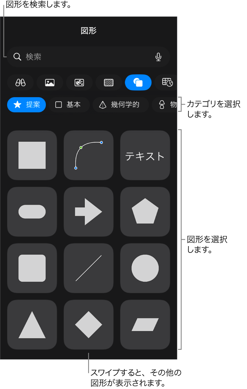 図形ライブラリ。上部にカテゴリがあり、下に図形が表示されています。上部の検索フィールドを使って図形を探したり、スワイプしてほかの図形を表示したりできます。