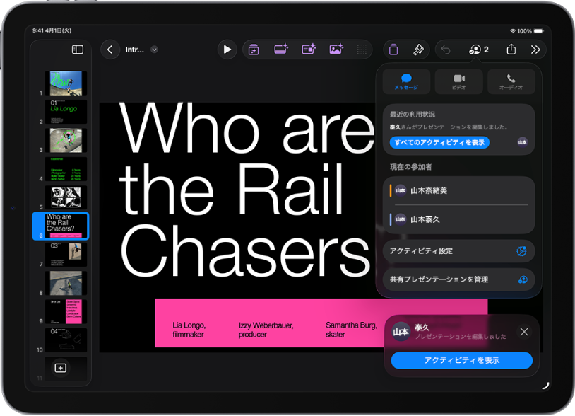 プレゼンテーションを共同作業している人々の名前を示す共同作業メニュー。