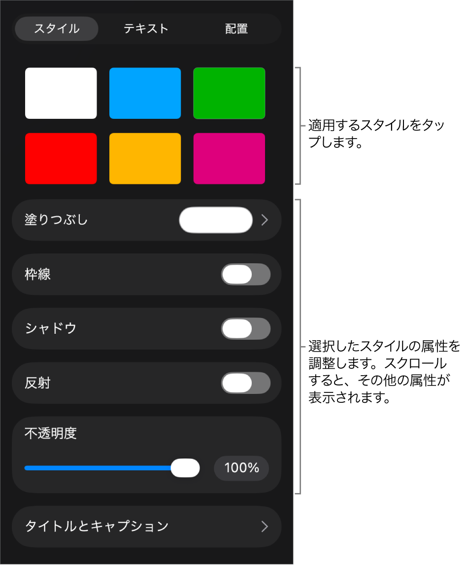 「フォーマット」メニューの「スタイル」タブ。上部にオブジェクトスタイル、その下に枠線、シャドウ、反射、不透明度を変更するコントロールが表示された状態。