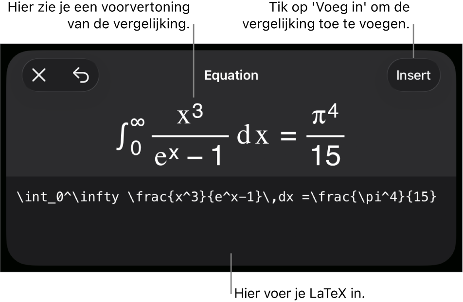 Het venster 'Vergelijking' met daarin een vergelijking die geschreven is met LaTeX-commando's en erboven een voorvertoning van de formule.