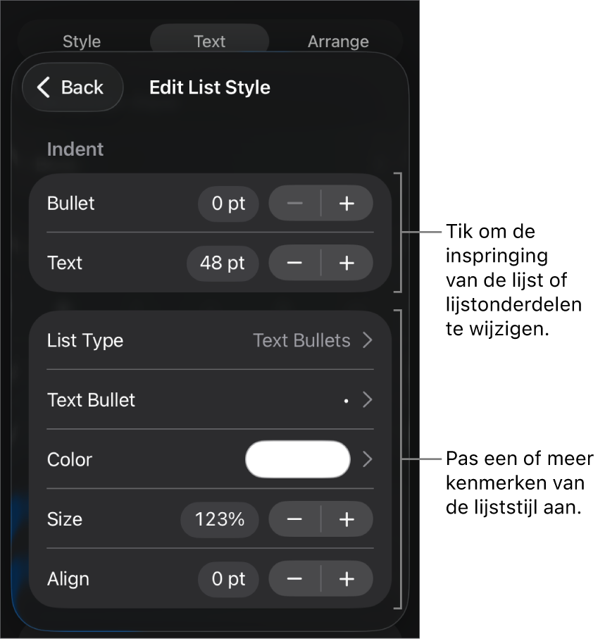 Het menu 'Bewerk lijststijl' met regelaars voor het wijzigen van het lijsttype en de vormgeving van de lijst.