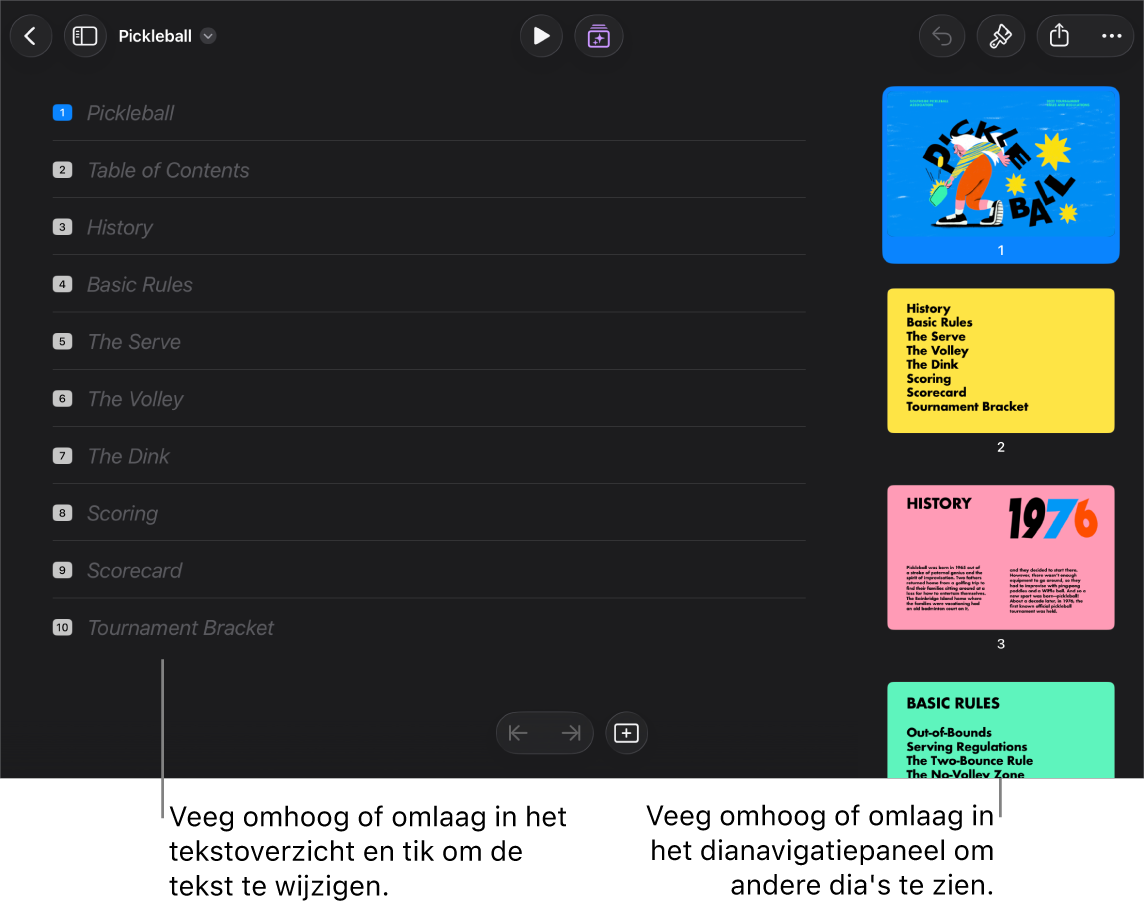 De overzichtsweergave met het tekstoverzicht van een presentatie aan de linkerkant van het scherm en het verticale dianavigatiepaneel aan de rechterkant.