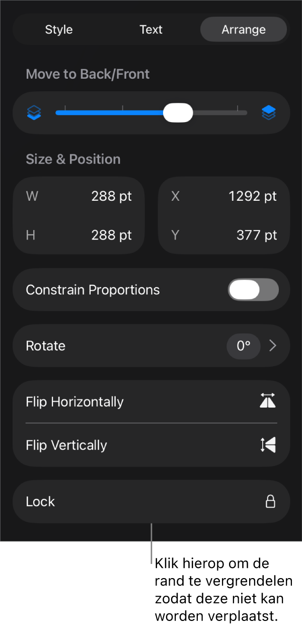 De ordenfuncties in het opmaakmenu met uitleg bij de knop 'Vergrendel'.