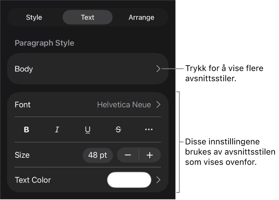 Format-menyen som viser tekstkontroller for å angi avsnitts- og tegnstiler, font, størrelse og farge.