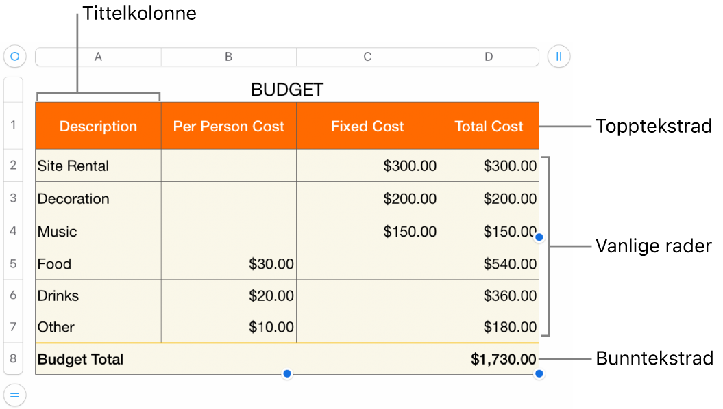 En tabell som viser tittelrader og -kolonner, vanlige rader og kolonner, bunnrader og -kolonner og håndtak for å legge til eller slette rader eller kolonner.
