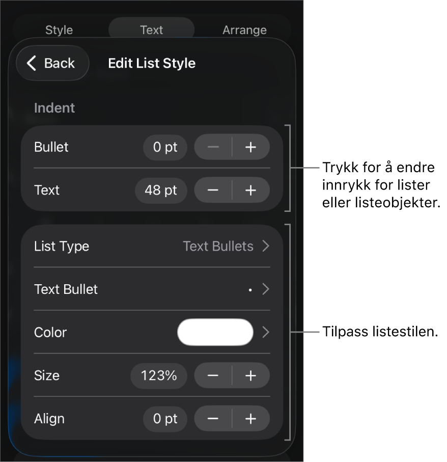 Rediger Listestil-menyen med kontroller for å redigere listetype og listeutseende.