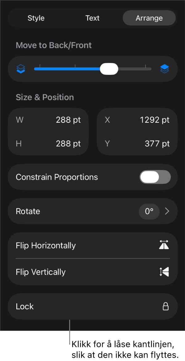 Ordne-kontrollene i Format-menyen med Lås-knappen framhevet.