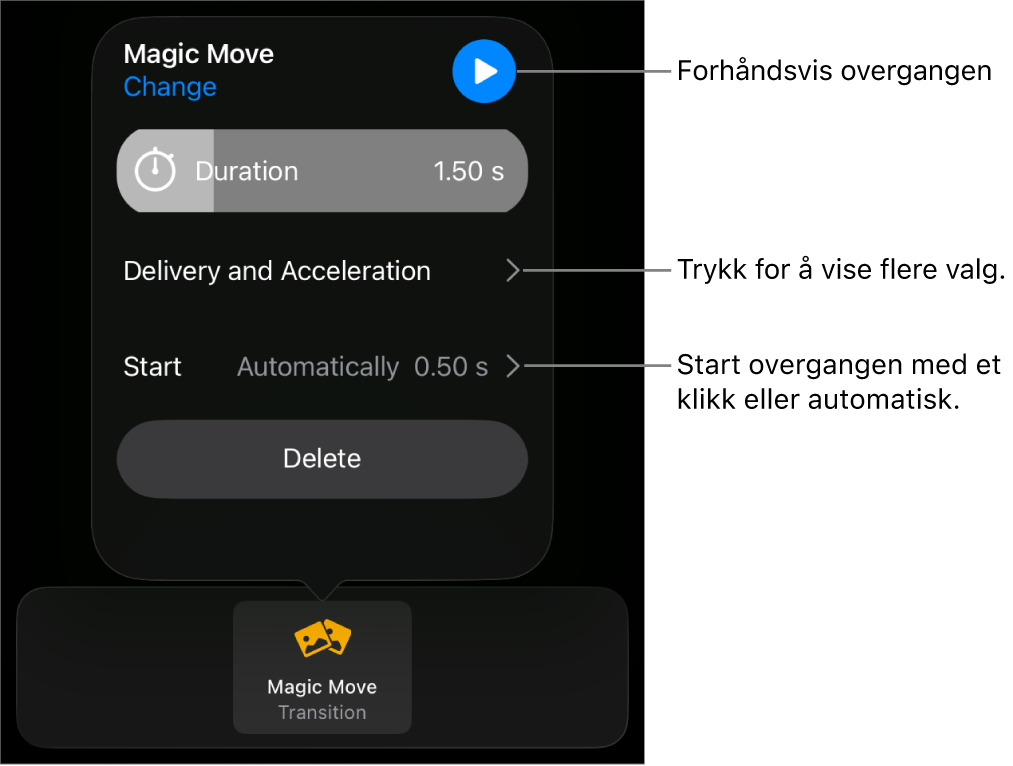 Magisk flytting-kontroller i Overganger-panelet.
