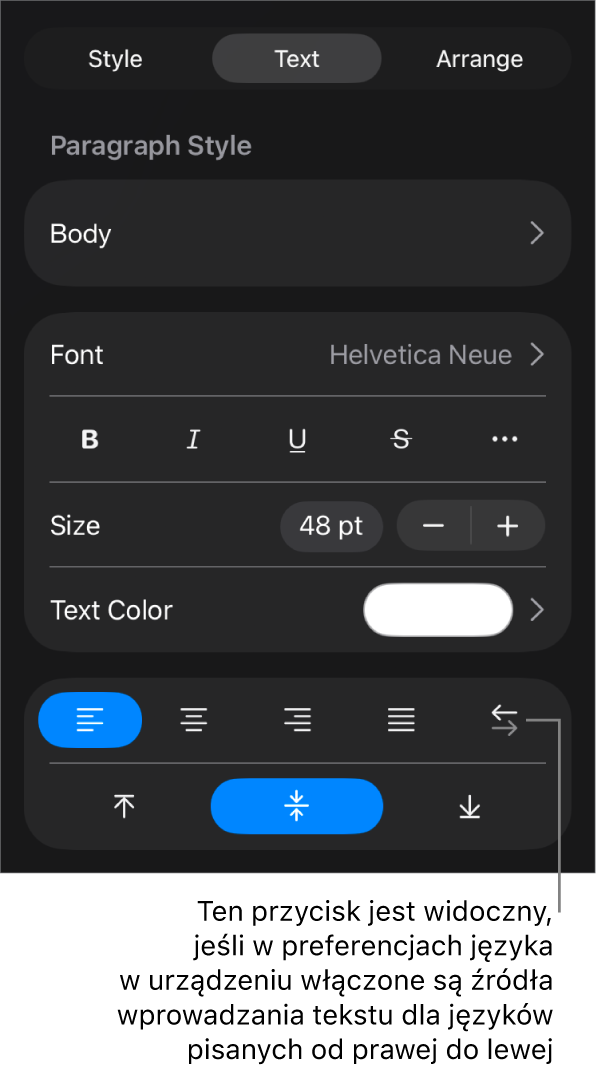 Narzędzia tekstu w menu Format z objaśnieniem wskazującym przycisk Od lewej do prawej.