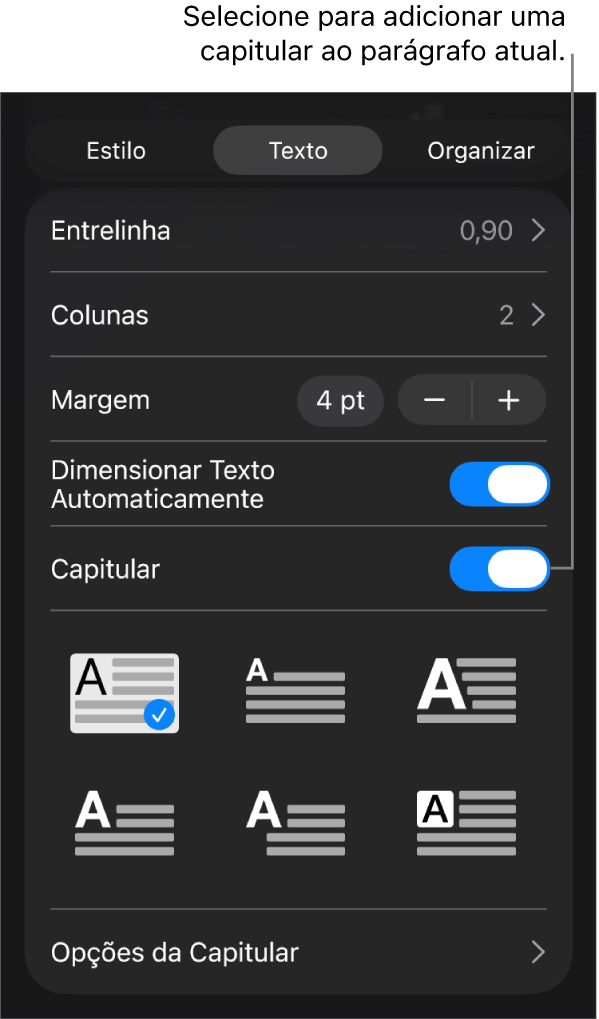 Controles Capitular localizados no menu Texto.
