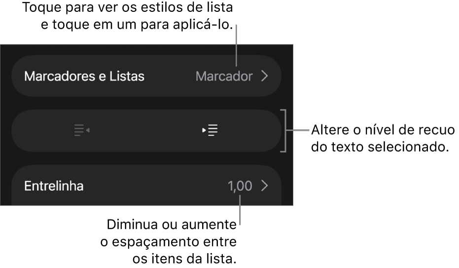 Seção “Marcadores e Listas” dos controles de Formatação, com chamadas para “Marcadores e Listas”, botões para aumentar ou diminuir o recuo e controles de entrelinha.