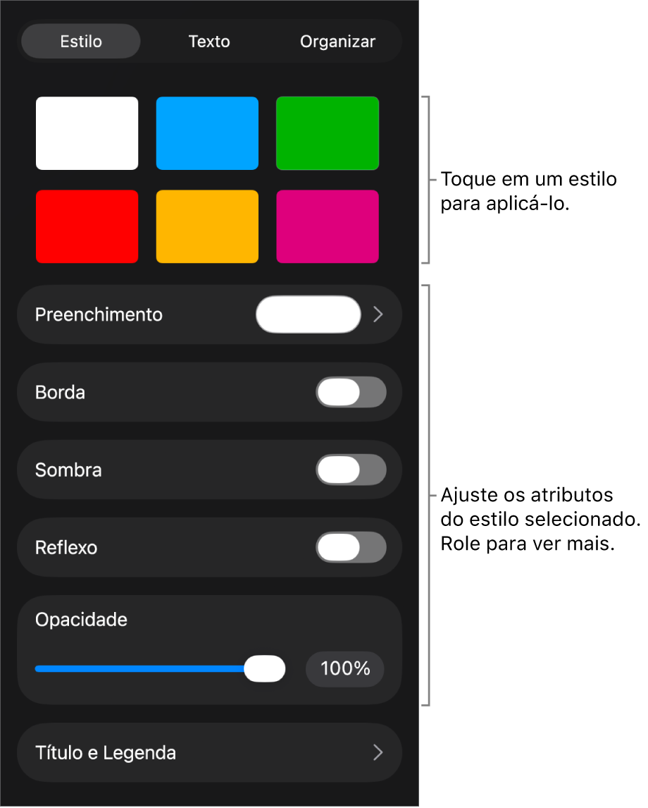 A aba Estilo do menu Formatar, com estilos de objetos na parte superior e controles abaixo para alterar borda, sombra, reflexo e opacidade.