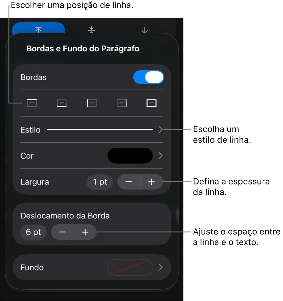 Controles para alterar o estilo, a espessura, a posição e a cor da linha.