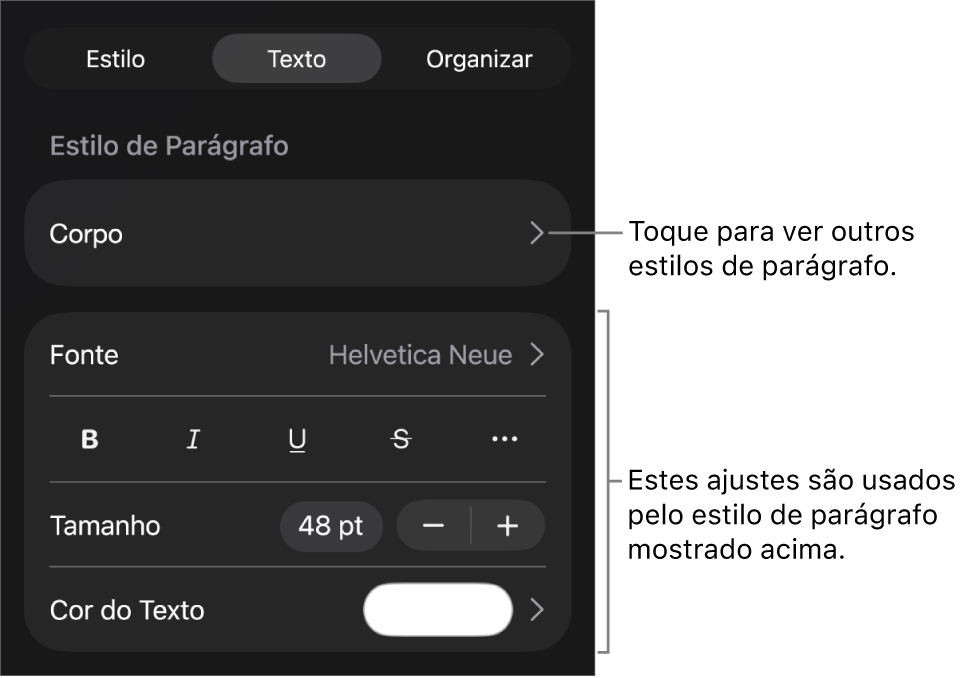 O menu Formatar, mostrando controles de texto para definir estilo, fonte, tamanho e cor de caractere e parágrafo.