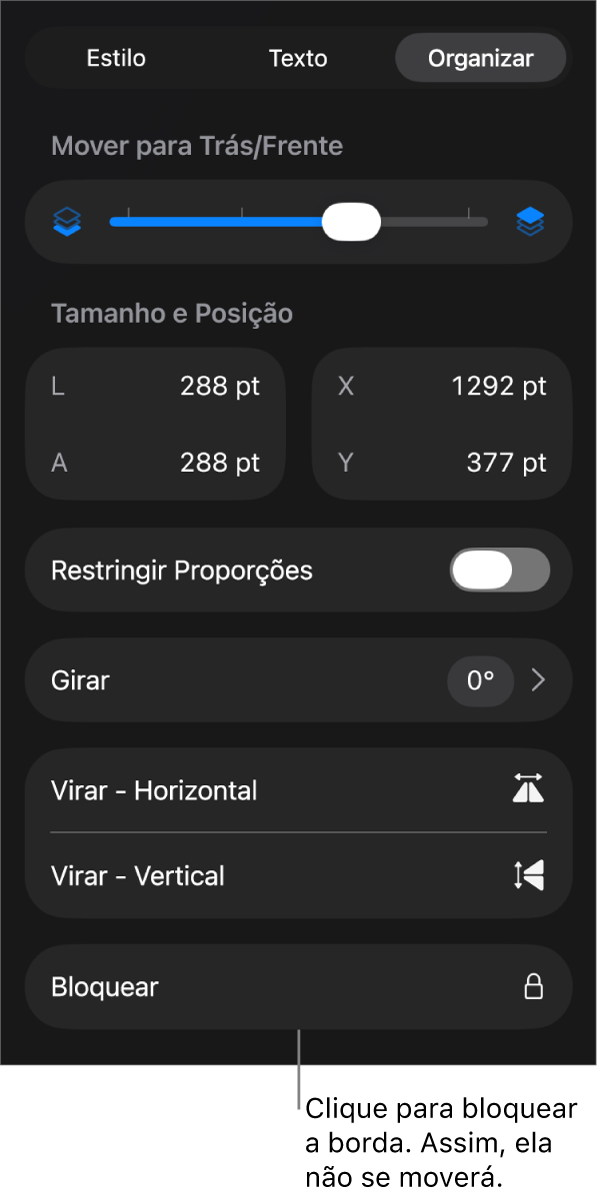 Controles de Organizar no menu Formatar, com o botão Bloquear destacado.