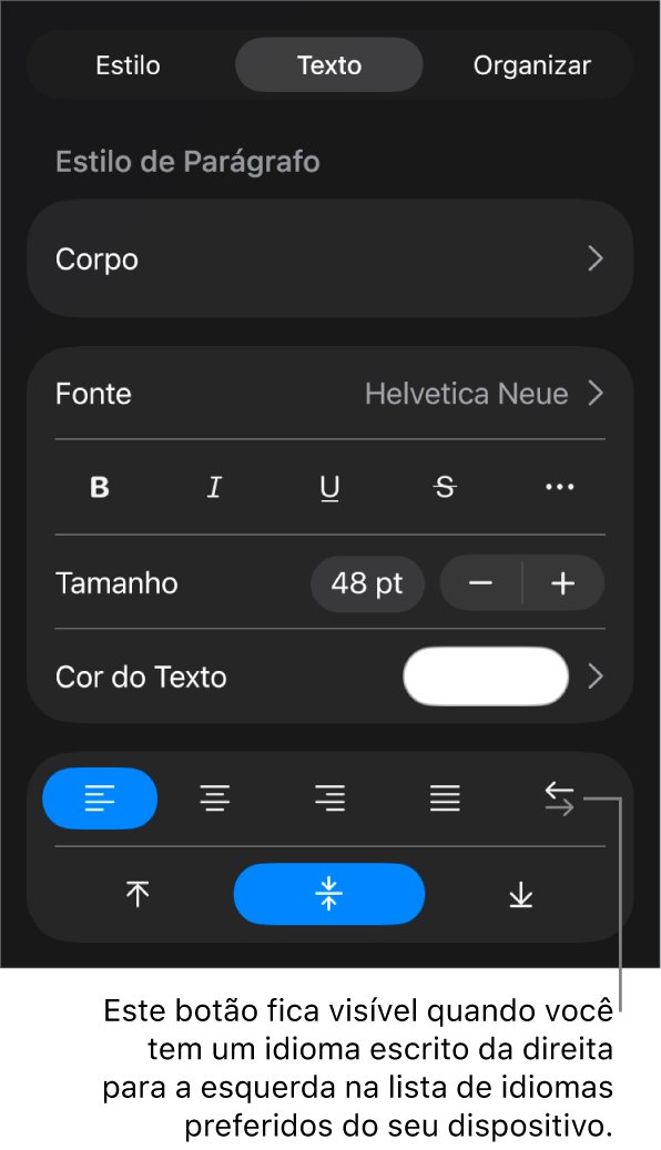 Controles de texto no menu Formatar com uma chamada para o botão da Esquerda para a Direita.