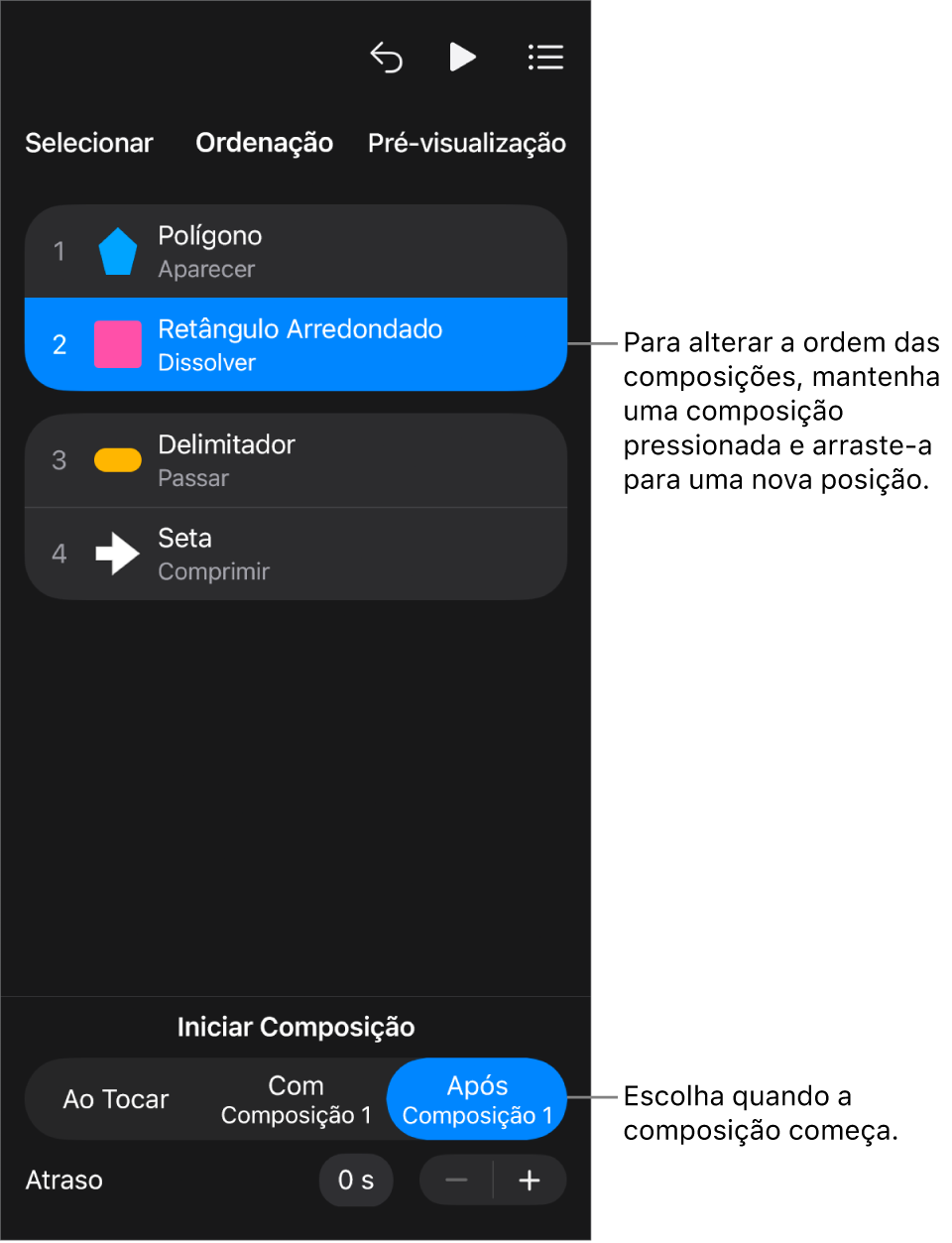 A Lista de Ordem de Composição exibindo efeitos de entrada com avisos amarelos e efeitos de saída com avisos cinza.