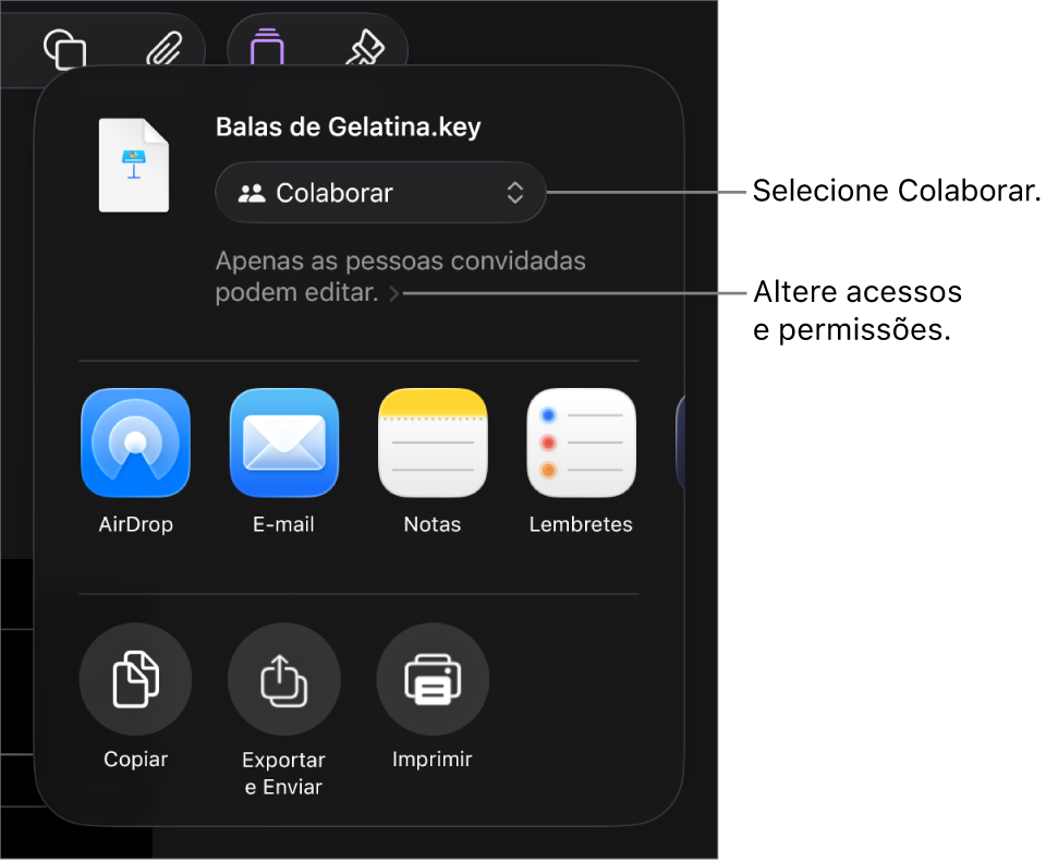 Menu Compartilhar com Colaborar selecionado na parte superior e os ajustes de acesso e permissão abaixo.