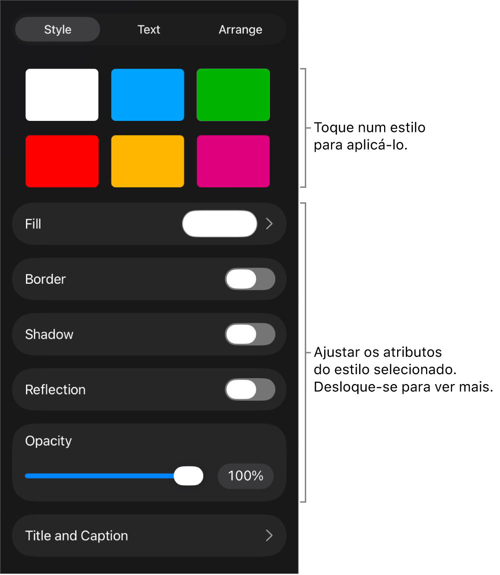 O separador "Estilo” do menu "Formatação” com estilos de objeto na parte superior e controlos por baixo para alterar a borda, sombreado, reflexo e opacidade.