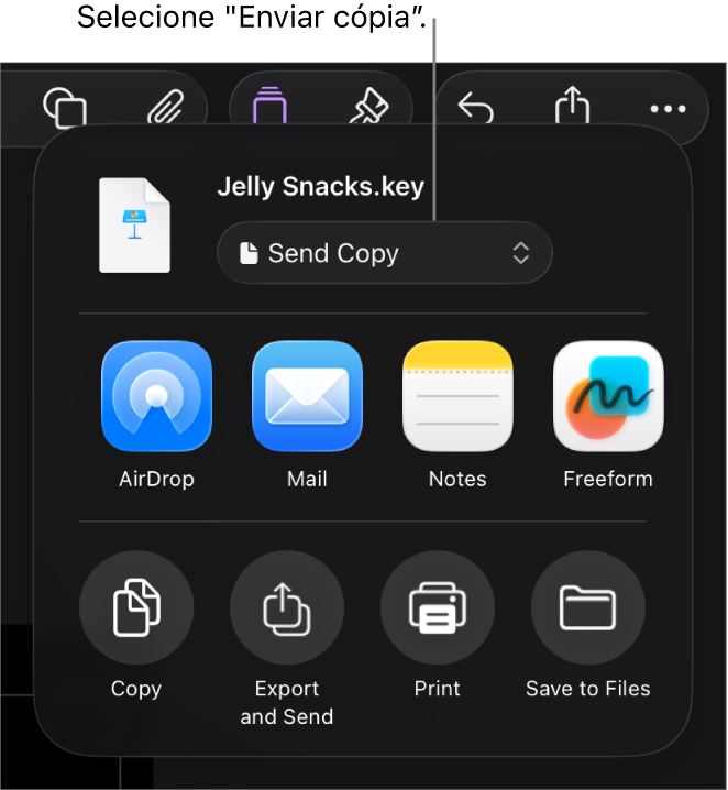 O menu “Partilhar” com “Enviar cópia” selecionada na parte superior.