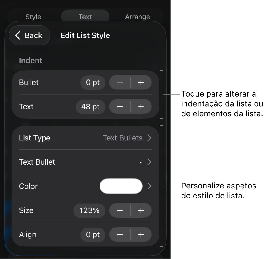 O menu “Editar estilo de lista” com controlos para edição do tipo e aspeto da lista.