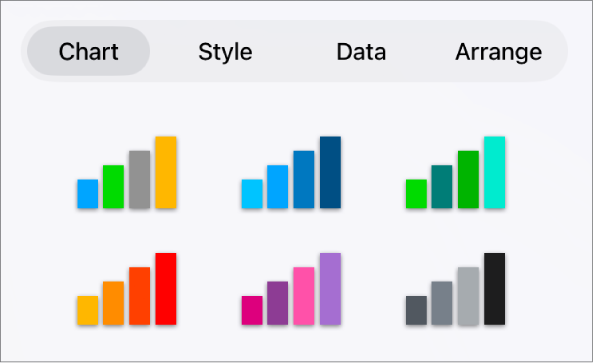 Estilos de gráfico no separador "Gráfico” do menu "Formatação”.