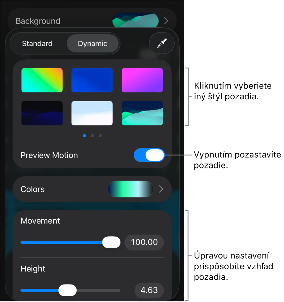 Ovládacie prvky dynamického pozadia so zobrazenými miniatúrami štýlu pozadia, tlačidlom Ukážka pohybu a ovládacími prvkami prispôsobenia.