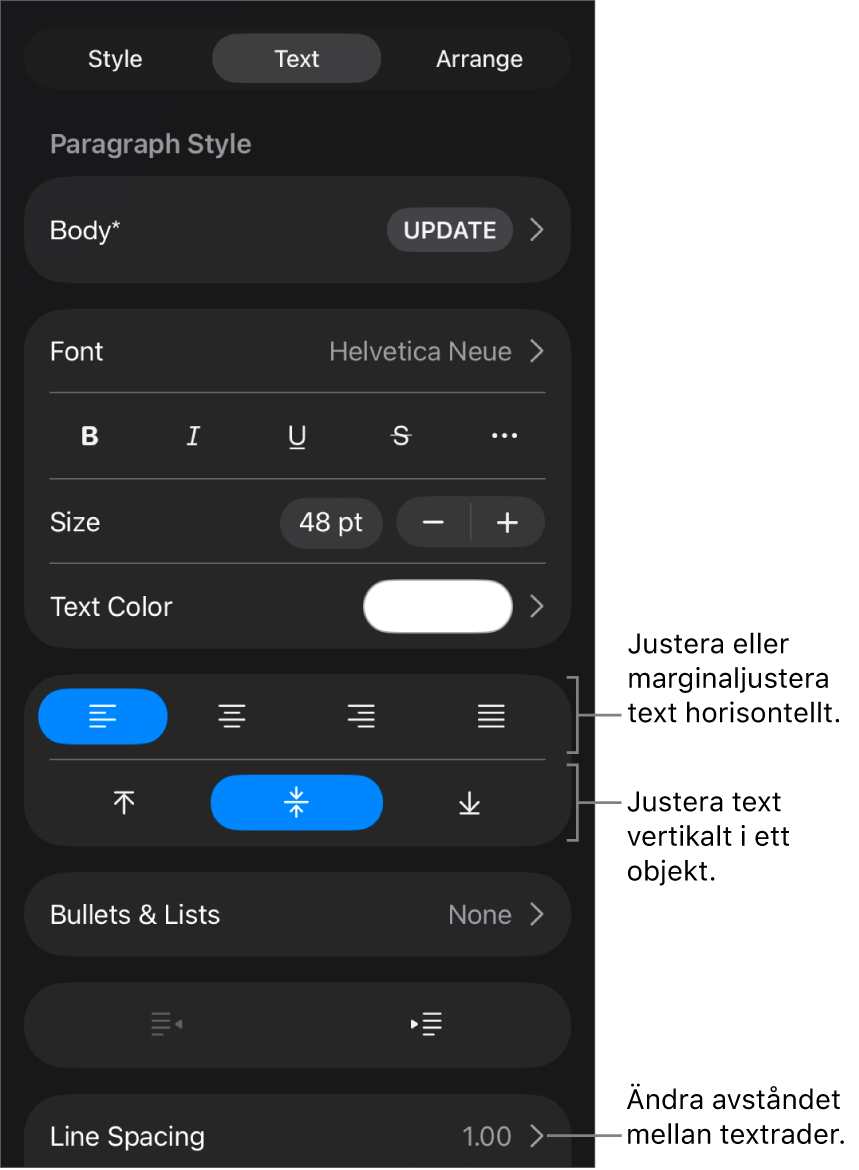 Panelen Layout med linjer som pekar på knapparna för textjustering och mellanrum.