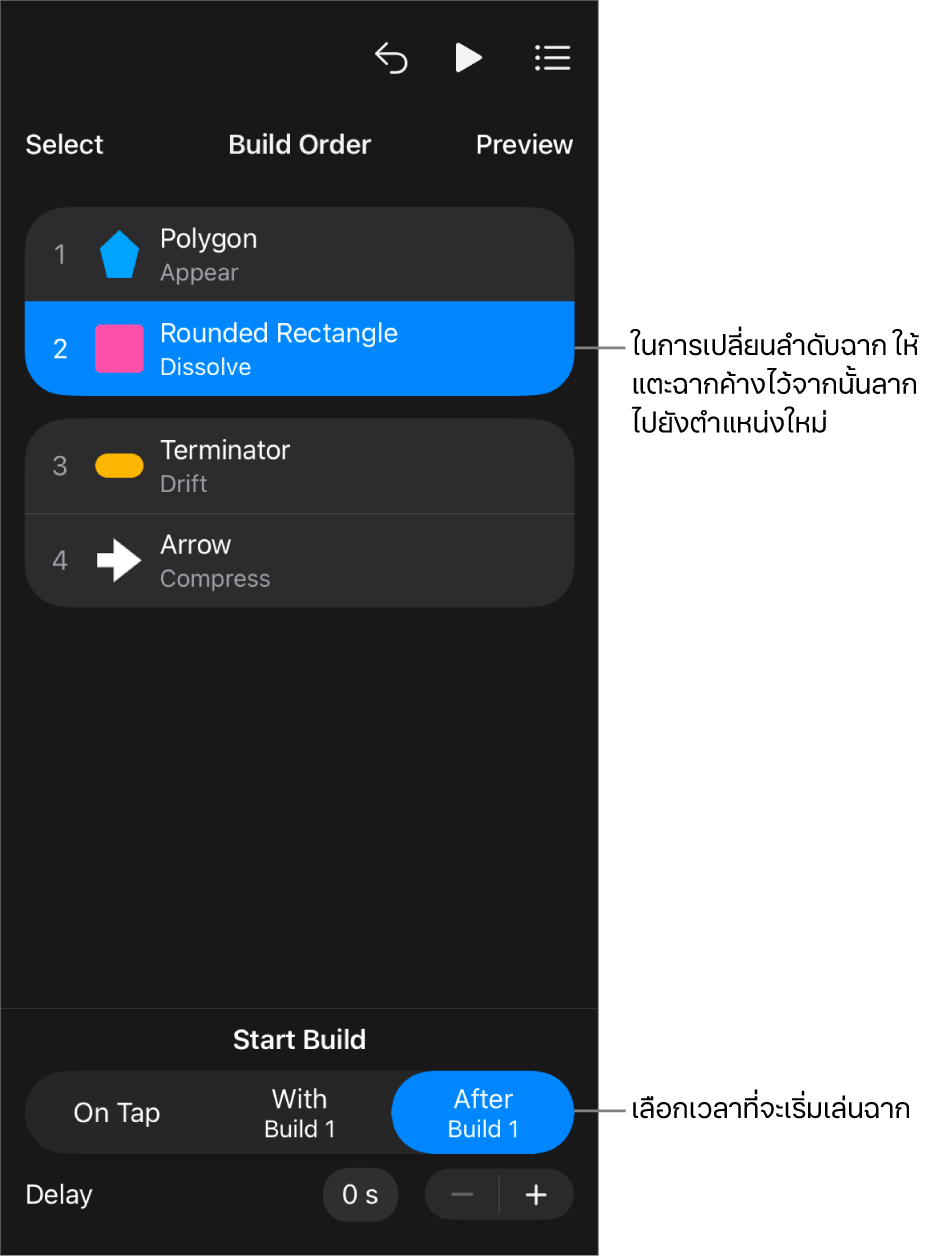 รายการรายการฉากจะแสดงฉากที่ใช้โดยมีป้ายสีเหลืองและฉากออกมีป้ายสีเทา