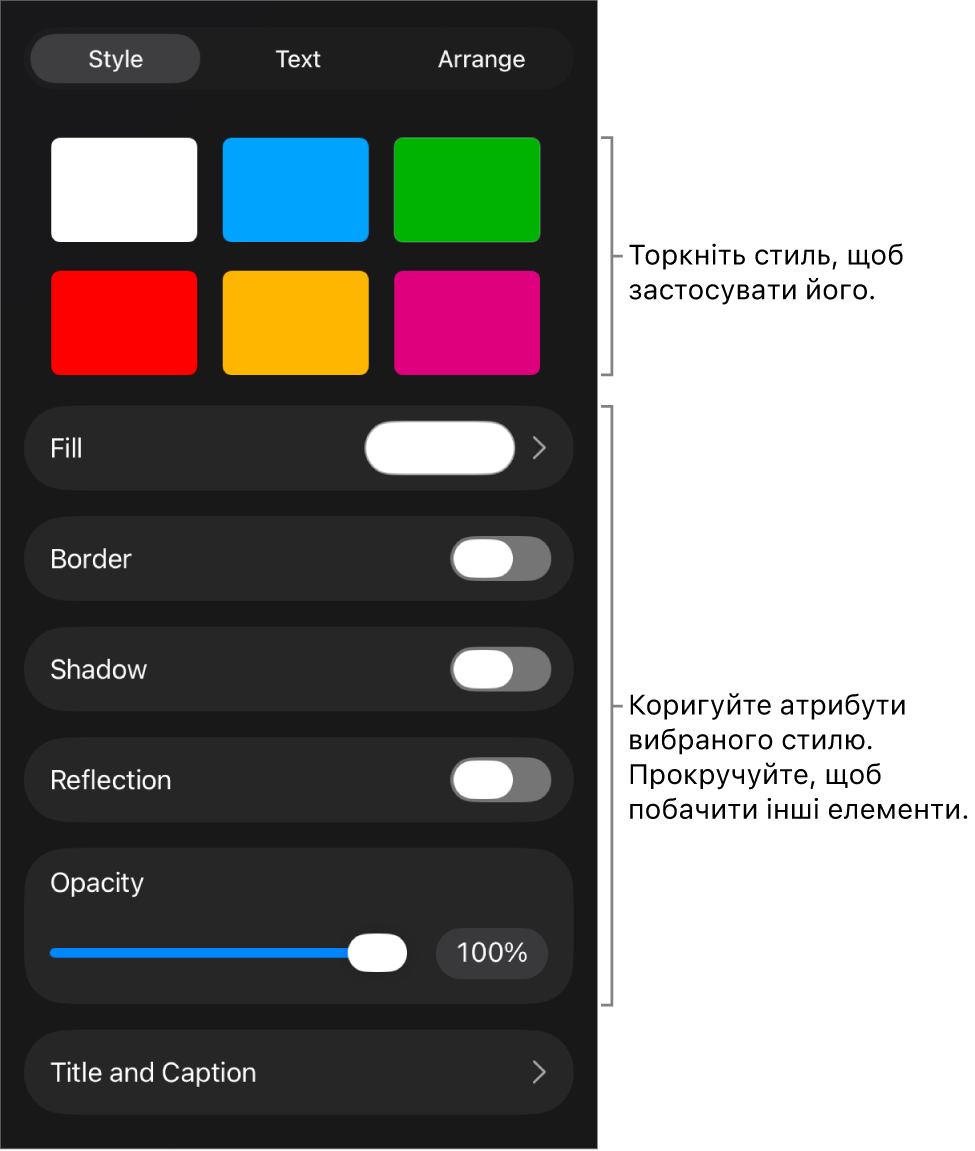 Вкладка «Стиль» в меню «Формат» зі стилями обʼєктів вгорі та елементами керування для змінення рамки, тіні, віддзеркалення й непрозорості внизу.